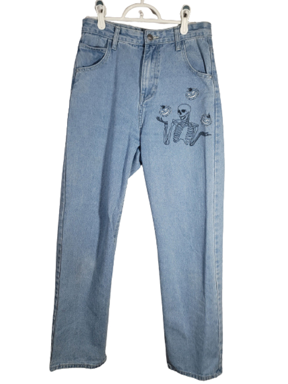 Romwe Jeans Women Skeleton Halloween 5 Pocket Acid Wash Denim SZ S